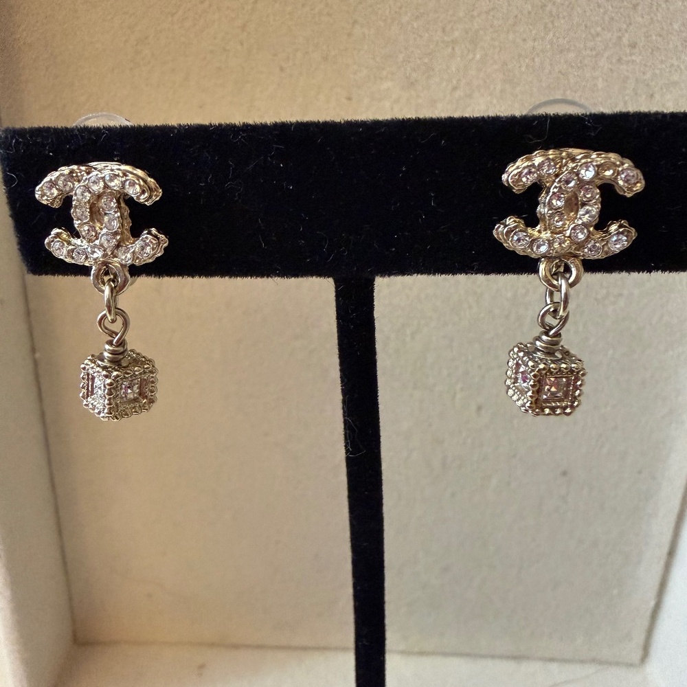 Chanel Clip-on Crystal Dangle Earrings in Champagne Gold + COA
